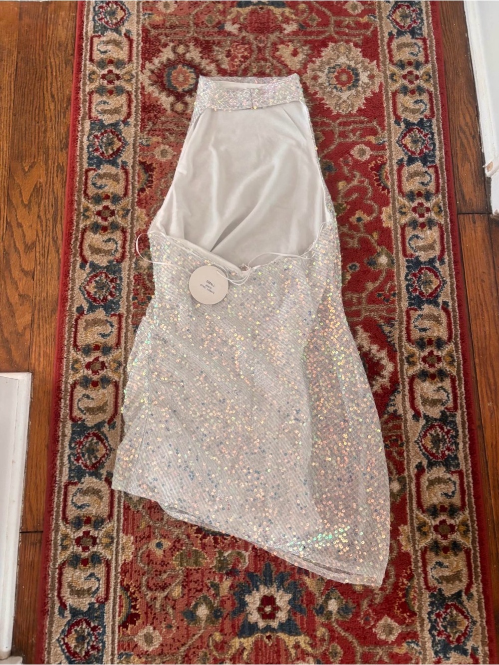 Luxxel VERA HIGH NECK SEQUIN ASYMMETRICAL DRESS OPAL IRIDESCENT - Picture 3 of 6